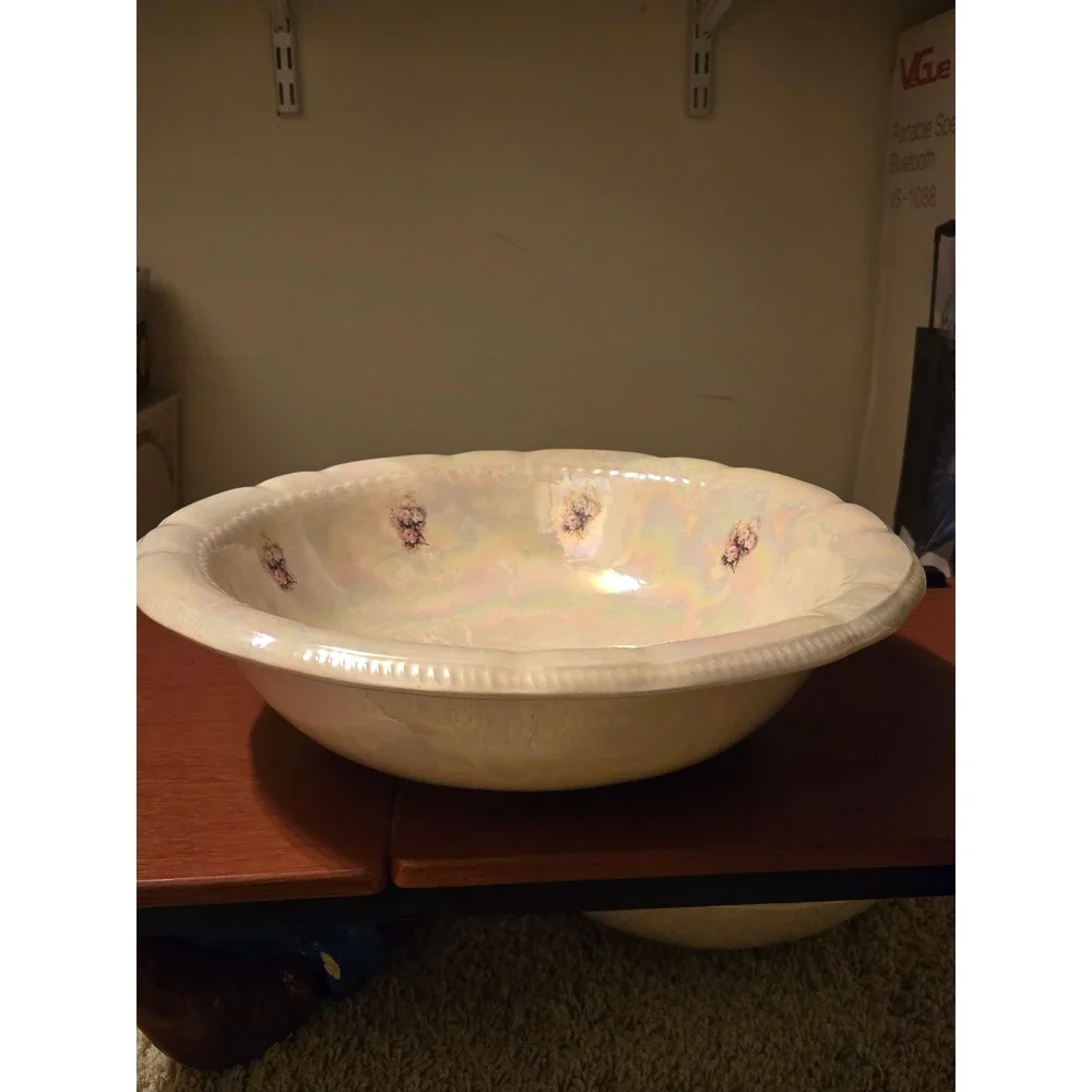 Vintage Iridescent Lusterware Pitcher and Wash Basin Set Floral Rose Ceramic